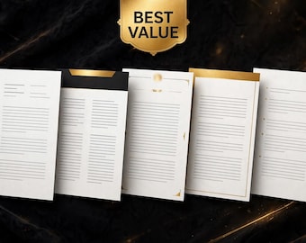 May include: Five rectangular stationery sheets featuring white paper with gold and black decorative borders, lines, and accents. A gold shield-shaped emblem at the top center displays the text BEST VALUE in bold black capital letters.