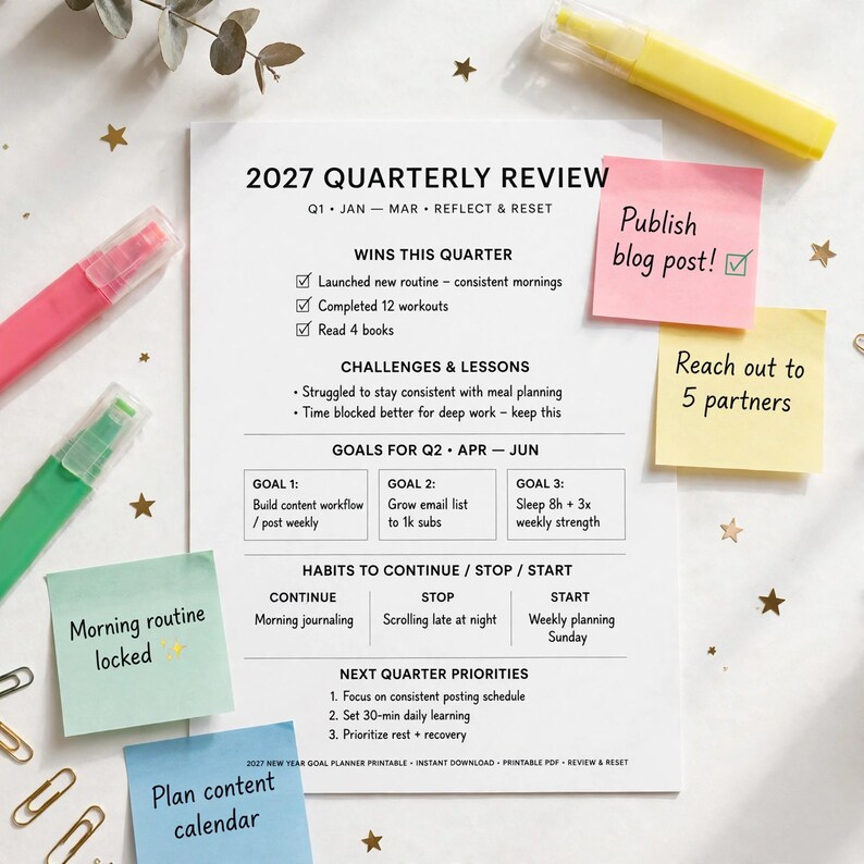 Planificador de objetivos de Año Nuevo 2027 imprimible, cuaderno de trabajo de objetivos anuales con registro de hábitos, revisiones mensuales y páginas para el tablero de visión. imagen 7