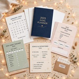 Planificador de objetivos de Año Nuevo 2027 imprimible, cuaderno de trabajo de objetivos anuales con registro de hábitos, revisiones mensuales y páginas para el tablero de visión. imagen 10