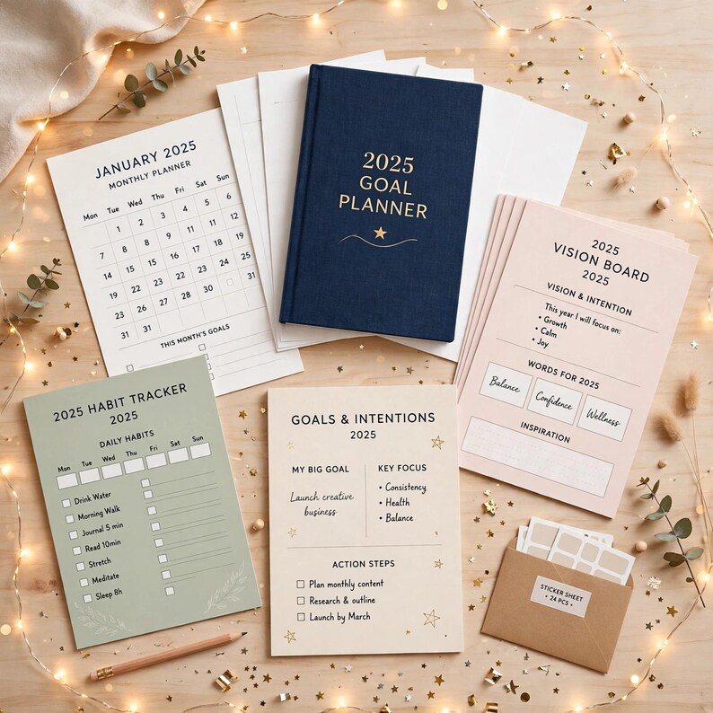 Planificador de objetivos de Año Nuevo 2027 imprimible, cuaderno de trabajo de objetivos anuales con registro de hábitos, revisiones mensuales y páginas para el tablero de visión. imagen 10