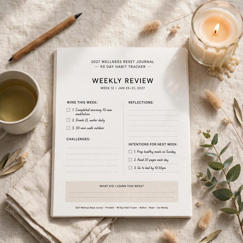 2027 Wellness Reset Journal Printable, 90 Day Habit Tracker with Sleep Water Mood Logs, Weekly Review and Wellness Planner image 5
