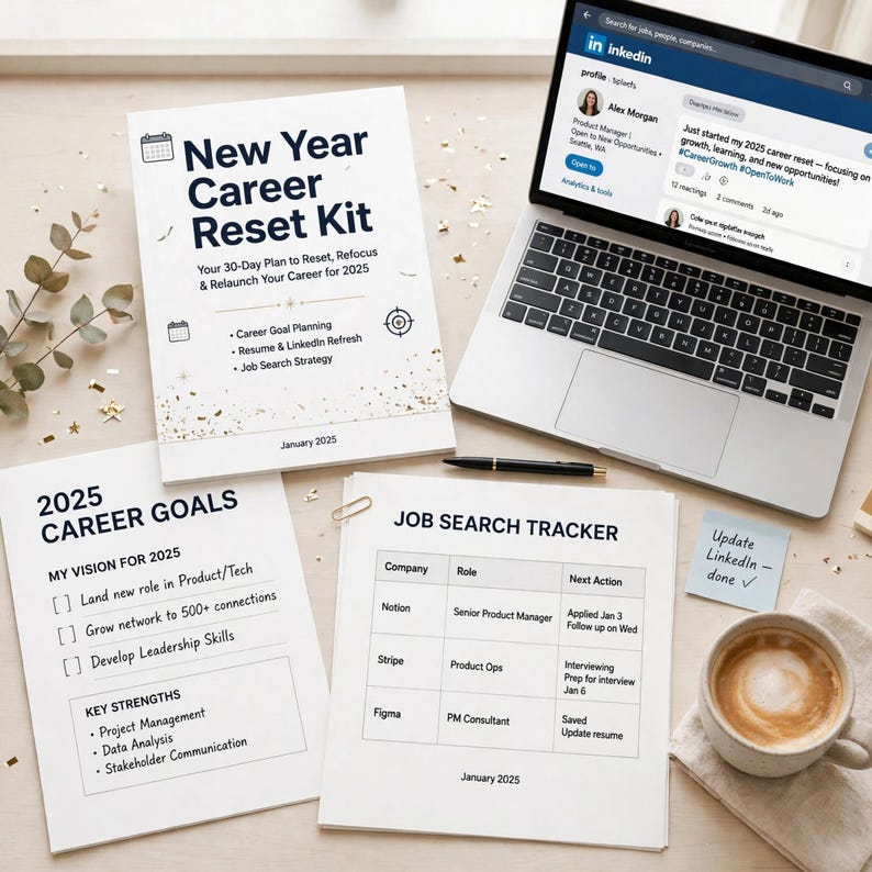 Kit de reinicio profesional de Año Nuevo, lista de verificación para actualizar el currículum con guía de actualización de LinkedIn, rastreador de contactos y plan profesional de 30 días. imagen 1