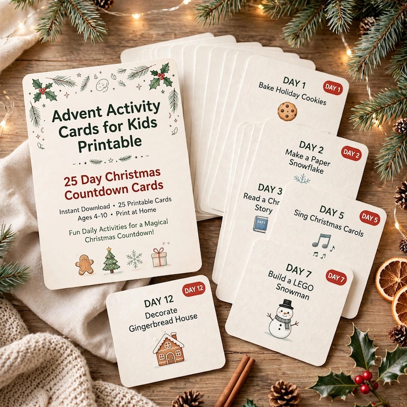 Advent Activity Cards for Kids Printable, 25 Day Christmas Countdown Cards, Family Advent Calendar Activities image 1