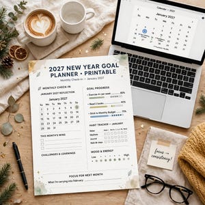 Planificador de objetivos de Año Nuevo 2027 imprimible, cuaderno de trabajo de objetivos anuales con registro de hábitos, revisiones mensuales y páginas para el tablero de visión. imagen 5