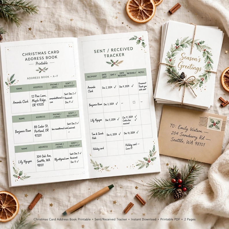 Christmas Card Address Book Printable, Holiday Card List Organizer with Sent Received Tracker, Xmas Mailing List image 1