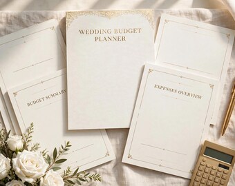 Peut inclure: Un ensemble de planificateur de budget de mariage sur papier crème avec du texte doré et des bordures décoratives. Les pages incluent des titres tels que Wedding Budget Planner, Budget Summary et Expenses Overview, avec un stylo et une calculatrice dorés.