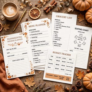 Thanksgiving Dinner Planner Printable, Holiday Menu Planner with Grocery List, Seating Chart & Budget Tracker, Friendsgiving Organizer image 1