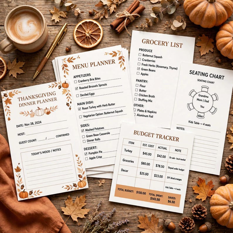 Thanksgiving Dinner Planner Printable, Holiday Menu Planner with Grocery List, Seating Chart & Budget Tracker, Friendsgiving Organizer image 1