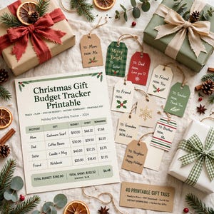 Christmas Gift Budget Tracker Printable, Holiday Gift List Planner with 40 Printable Gift Tags, Xmas Shopping Organizer image 1