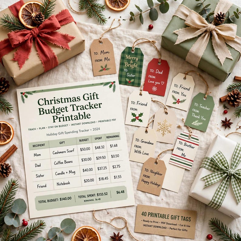 Christmas Gift Budget Tracker Printable, Holiday Gift List Planner with 40 Printable Gift Tags, Xmas Shopping Organizer image 1