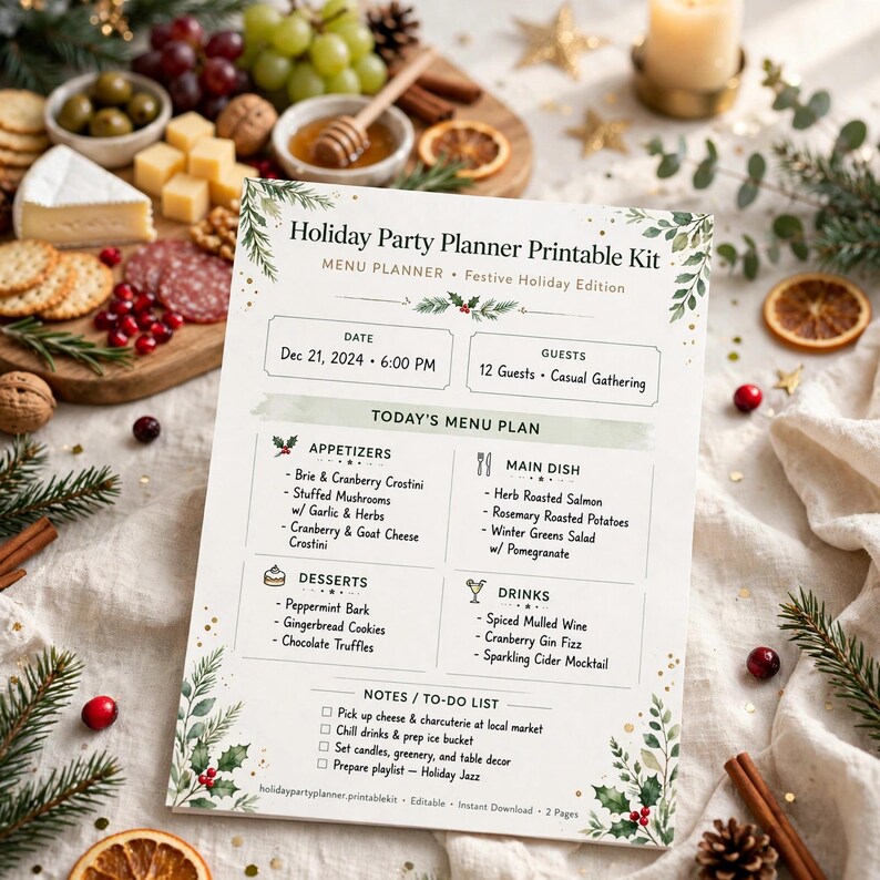 Holiday Party Planner Printable, Friendsgiving and Christmas Party Planning Kit with Guest List, Menu and Seating Chart image 5