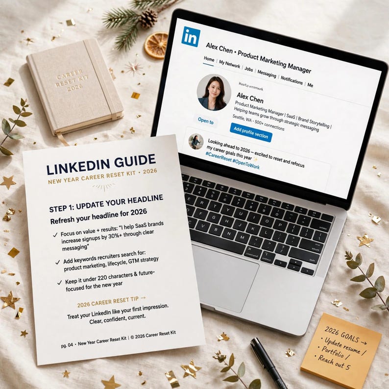 Kit de reinicio profesional de Año Nuevo, lista de verificación para actualizar el currículum con guía de actualización de LinkedIn, rastreador de contactos y plan profesional de 30 días. imagen 5