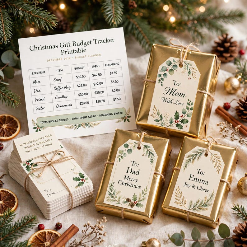 Christmas Gift Budget Tracker Printable, Holiday Gift List Planner with 40 Printable Gift Tags, Xmas Shopping Organizer image 5