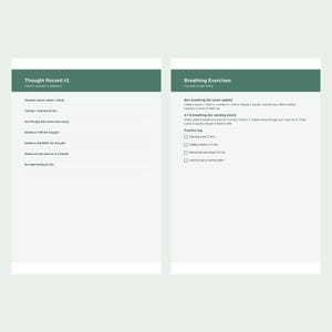 Printbaar dagboek voor angstverlichting, werkbladen voor het registreren van gedachten volgens cognitieve gedragstherapie, zorgen-tracker, ademhalingsoefeningen en aardingsinstrumenten, PDF afbeelding 2