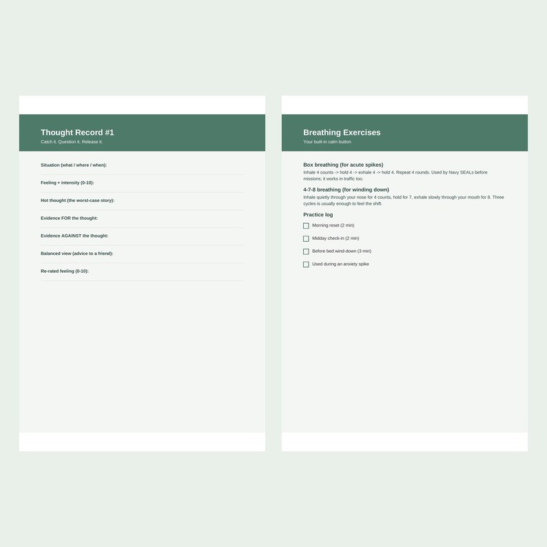 Printbaar dagboek voor angstverlichting, werkbladen voor het registreren van gedachten volgens cognitieve gedragstherapie, zorgen-tracker, ademhalingsoefeningen en aardingsinstrumenten, PDF afbeelding 2