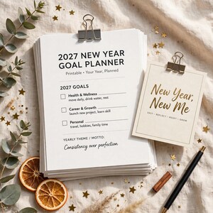 Planificador de objetivos de Año Nuevo 2027 imprimible, cuaderno de trabajo de objetivos anuales con registro de hábitos, revisiones mensuales y páginas para el tablero de visión. imagen 6