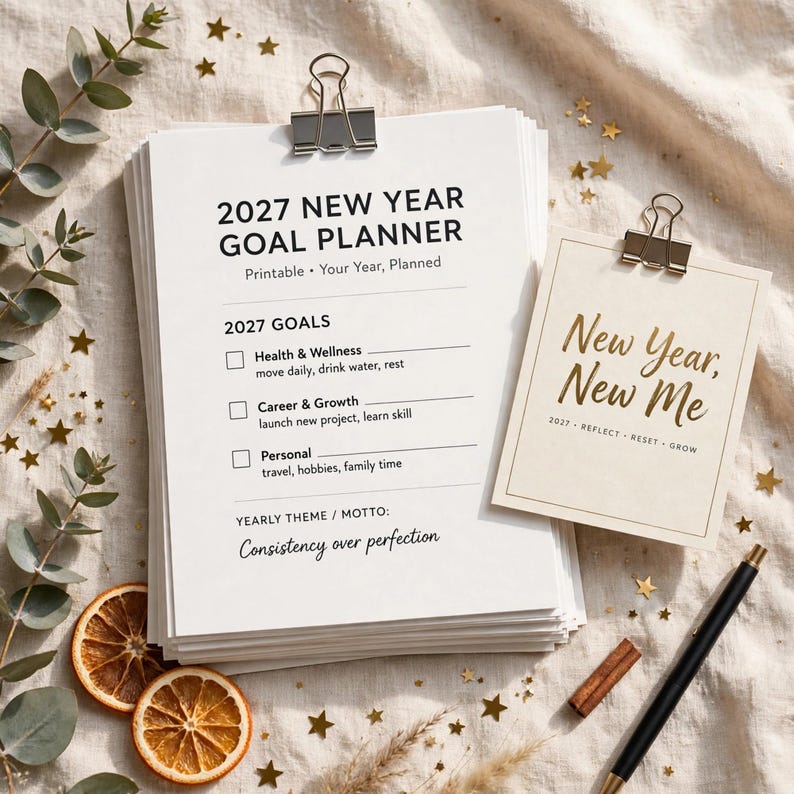 Planificador de objetivos de Año Nuevo 2027 imprimible, cuaderno de trabajo de objetivos anuales con registro de hábitos, revisiones mensuales y páginas para el tablero de visión. imagen 6