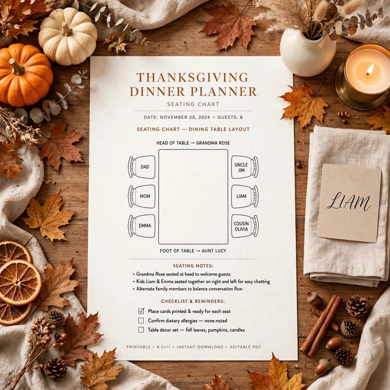 Thanksgiving Dinner Planner Printable, Holiday Menu Planner with Grocery List, Seating Chart & Budget Tracker, Friendsgiving Organizer image 4