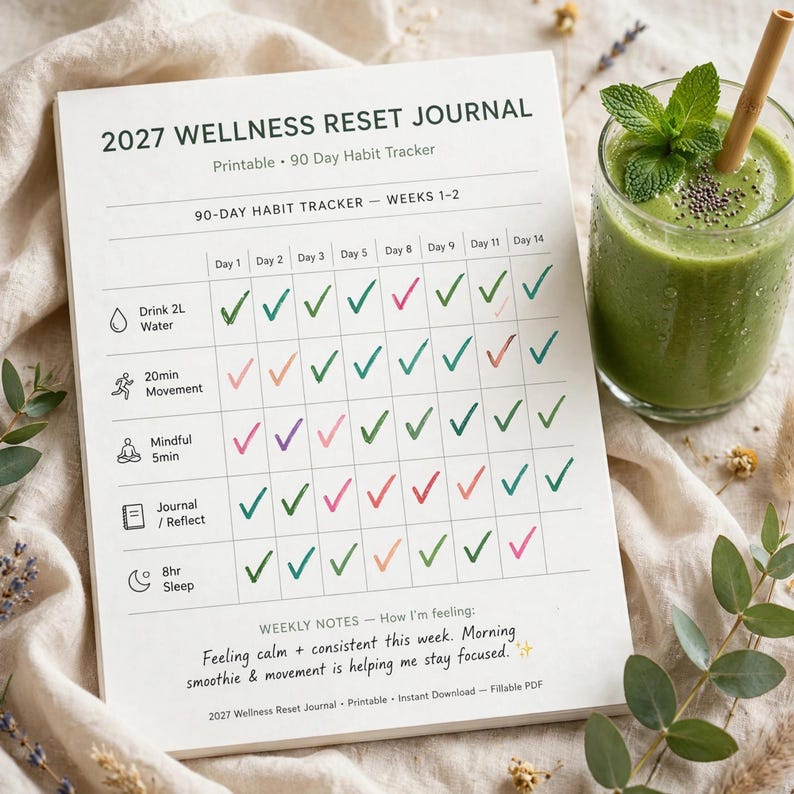 2027 Wellness Reset Journal Printable, 90 Day Habit Tracker with Sleep Water Mood Logs, Weekly Review and Wellness Planner image 2
