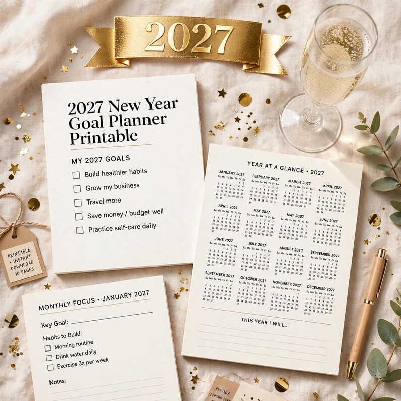 Planificador de objetivos de Año Nuevo 2027 imprimible, cuaderno de trabajo de objetivos anuales con registro de hábitos, revisiones mensuales y páginas para el tablero de visión. imagen 1