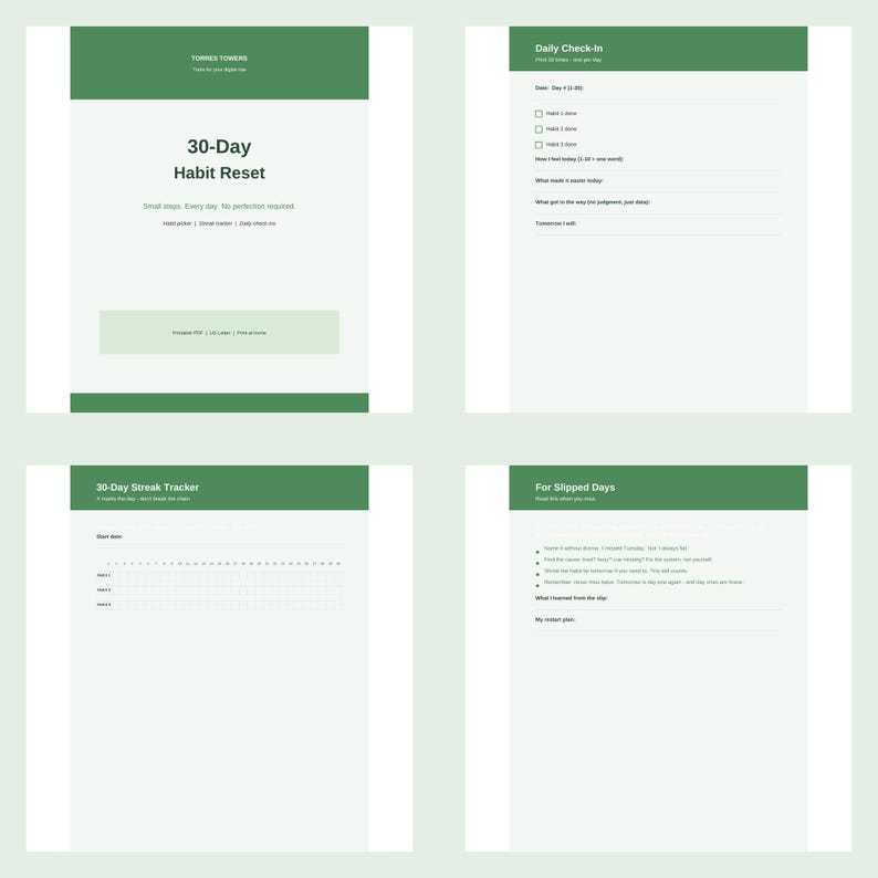 30-Day Habit Reset Tracker Printable, Daily Check-In Pages, Streak Tracker, Weekly Reflection, Self-Compassion Journal PDF image 4