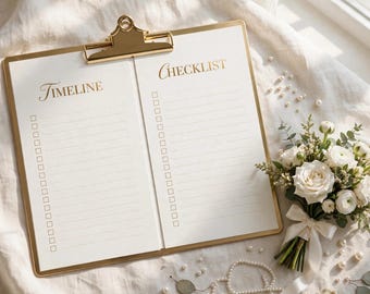 May include: A gold-toned clipboard holding a white paper sheet divided into two columns labelled Timeline and Checklist, each with lined spaces and checkboxes. A bouquet of white roses and greenery with a ribbon sits beside the clipboard.