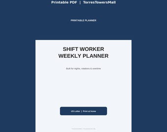 Op de afbeelding: Een digitale weekplanner voor ploegendienst als printbare PDF op een donkerblauwe achtergrond. De witte pagina bevat de tekst SHIFT WORKER WEEKLY PLANNER, Built for nights, rotations & overtime en een knop met US Letter | Print at home.