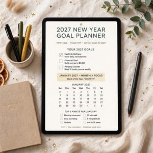 Planificador de objetivos de Año Nuevo 2027 imprimible, cuaderno de trabajo de objetivos anuales con registro de hábitos, revisiones mensuales y páginas para el tablero de visión. imagen 8