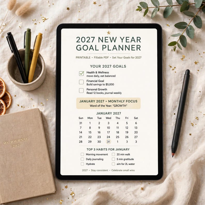 Planificador de objetivos de Año Nuevo 2027 imprimible, cuaderno de trabajo de objetivos anuales con registro de hábitos, revisiones mensuales y páginas para el tablero de visión. imagen 8