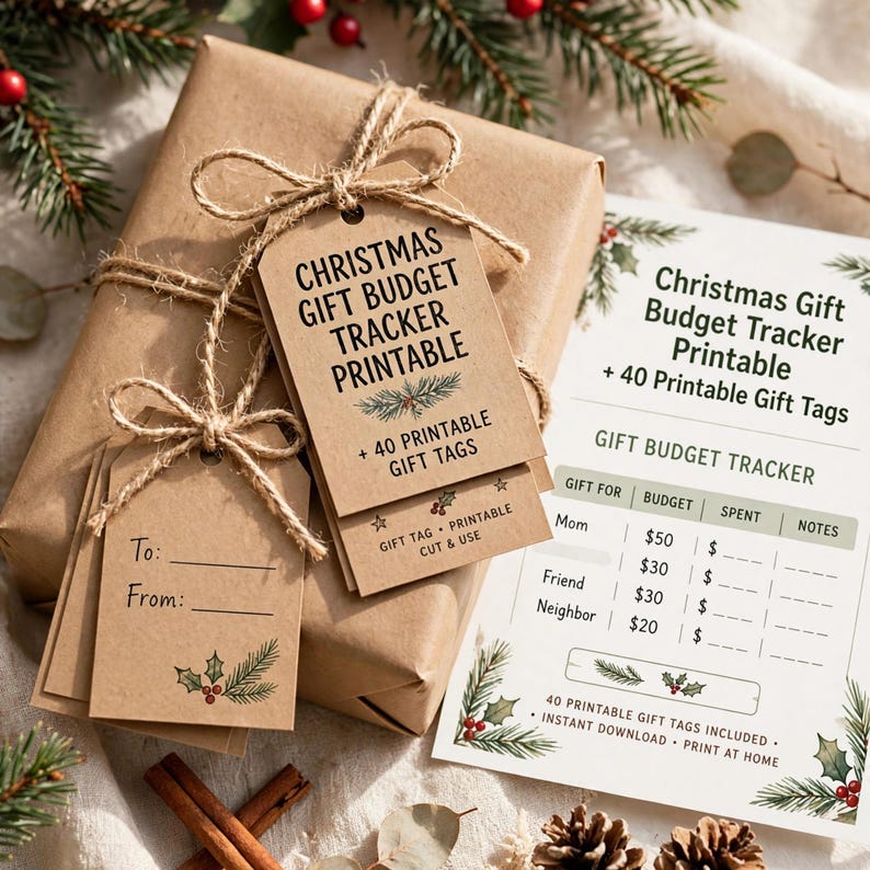 Christmas Gift Budget Tracker Printable, Holiday Gift List Planner with 40 Printable Gift Tags, Xmas Shopping Organizer image 2