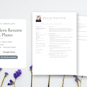 May include: A resume template featuring a white document with black text, a profile photo, and sections for education, skills, and experience. The text includes 'RESUME TEMPLATE', 'Modern Resume with Photo', 'Resume + Cover Letter + References', '1 & 2 Page', 'A4 & US Letter', 'Word', 'Google Docs', and 'Photo + No-Photo versions'.