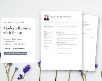 Op de afbeelding: Een cv-sjabloon met een wit document met zwarte tekst, een profielfoto en secties voor opleiding, vaardigheden en ervaring. De tekst bevat 'RESUME TEMPLATE', 'Modern Resume with Photo', 'Resume + Cover Letter + References', '1 & 2 Page', 'A4 & US Letter', 'Word', 'Google Docs' en 'Photo + No-Photo versions'.