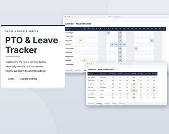 PTO-Tracker-Tabelle, Mitarbeiter-Urlaubs-Tracker, Urlaubs-Tracker, Excel und Google Sheets