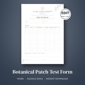 Formular für den Patch-Test mit pflanzlichen Inhaltsstoffen, Allergieprotokoll für Wimpern- und Augenbrauenfärbemittel, Word- und Google-Dokumente
