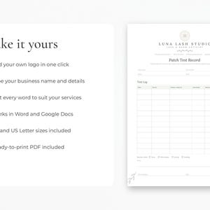 Editable patch test record template for lash and brow artists, Word and Google Docs