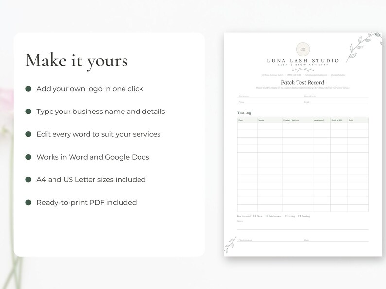 Editable patch test record template for lash and brow artists, Word and Google Docs