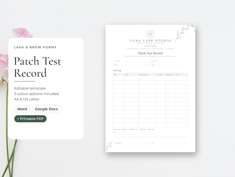 Editable patch test record template for lash and brow artists, Word and Google Docs