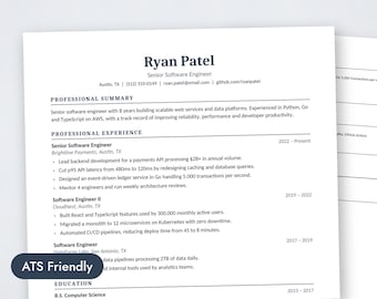 Może przedstawiać: Profesjonalny życiorys dla Ryana Patela, starszego inżyniera oprogramowania. Tekst zawiera dane kontaktowe, podsumowanie zawodowe, doświadczenie w Brightline Payments i CloudNest oraz wykształcenie. Ciemnoniebieska etykieta zawiera napis ATS Friendly.