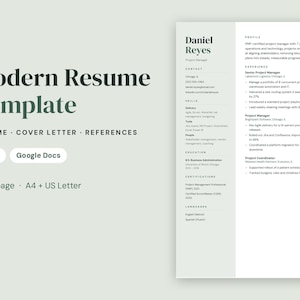 May include: A digital resume template featuring the text Modern Resume Template, Resume, Cover Letter, References, Word, Google Docs, 1 & 2 page, A4 + US Letter. The layout includes a profile, experience, skills, education, and certifications.