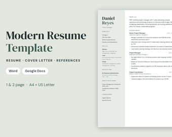 Może przedstawiać: Cyfrowy szablon życiorysu z tekstem Modern Resume Template, Resume, Cover Letter, References, Word, Google Docs, 1 & 2 page, A4 + US Letter. Układ zawiera profil, doświadczenie, umiejętności, wykształcenie oraz certyfikaty.