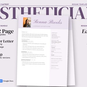 May include: A resume template for an esthetician featuring the name Sienna Brooks, a profile photo, and sections for experience, education, and skills. The document includes text for 1 & 2 page templates, cover letter, and A4 or US Letter sizes.