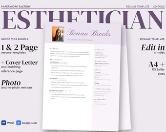 Esthetician Resume Template, Beauty and Spa CV with Cover Letter, Word & Google Docs