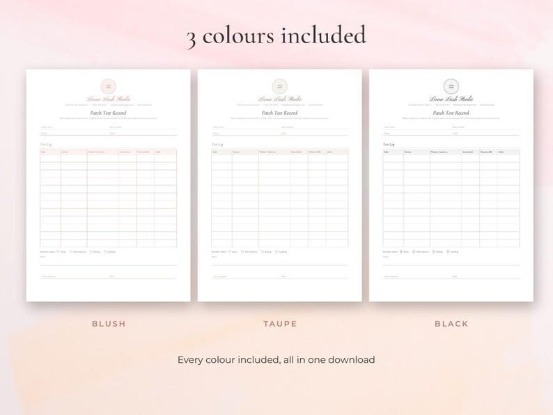 Editable patch test record template for lash and brow artists, Word and Google Docs
