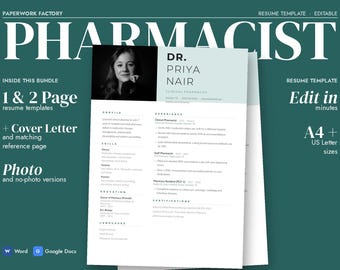 Vorlage für einen Lebenslauf als Apotheker/in, klinischer PharmD-Lebenslauf mit Foto und Anschreiben, Word & Google Docs