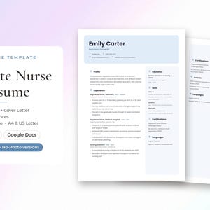 May include: A digital resume template for a registered nurse named Emily Carter, featuring a clean layout with sections for profile, experience, education, skills, and certifications. Includes text for Word and Google Docs compatibility.