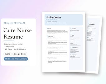 Op de afbeelding: Een digitaal cv-sjabloon voor een geregistreerde verpleegkundige genaamd Emily Carter, met een overzichtelijke lay-out met secties voor profiel, ervaring, opleiding, vaardigheden en certificeringen. Compatibel met Word en Google Docs.