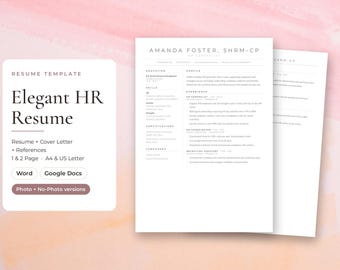May include: A digital resume template featuring the text Elegant HR Resume, Resume + Cover Letter + References, 1 & 2 Page, A4 & US Letter, Word, Google Docs, and Photo + No-Photo versions, alongside a sample document for Amanda Foster.
