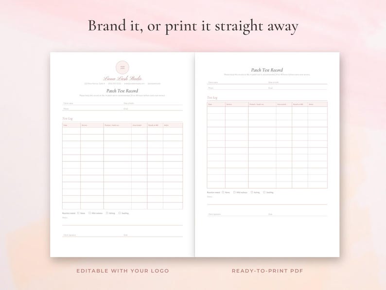 Editable patch test record template for lash and brow artists, Word and Google Docs