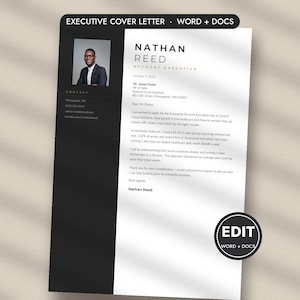 Executive Cover Letter Template with References, Black Sidebar Design, Word & Google Docs