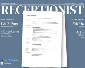 Receptionist Resume Template, Front Desk CV with Cover Letter, Simple Word & Google Docs